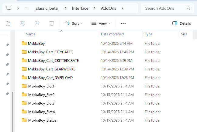 The AddOns folder with the ten MekkaBoy folders