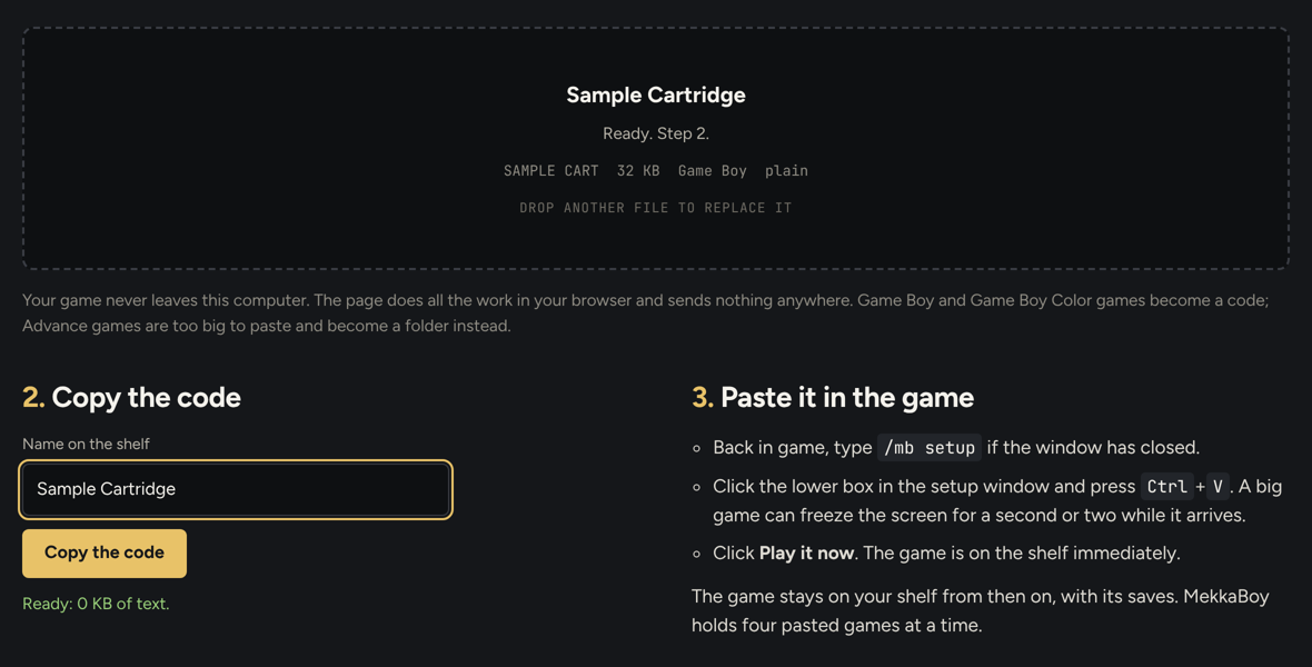 The Workshop after a game file is dropped on it: the cartridge is cut and step 2 is ready